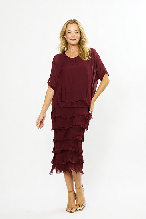 wine frayed edge silk dress women layered elegant dress lightweight flowing outfit Australia Showies Boutique