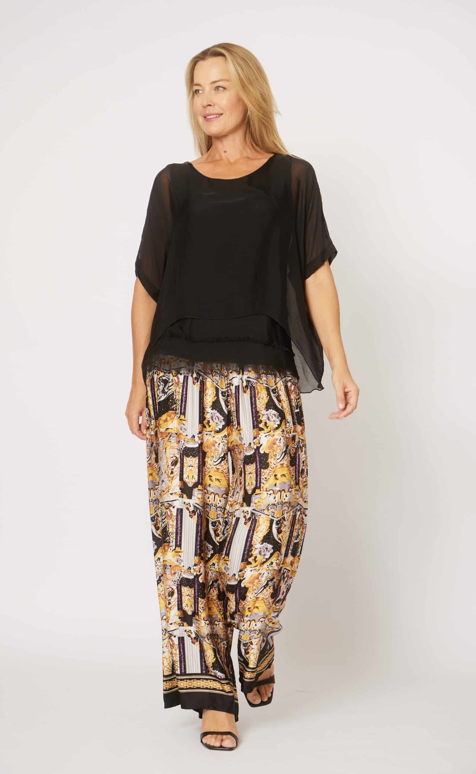 black chiffon evening top women sheer layered top with patterned wide leg pants elegant outfit Australia Showies Boutique