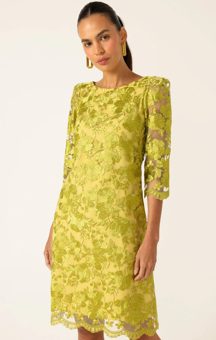 Embroidered chartreuse event shift dress