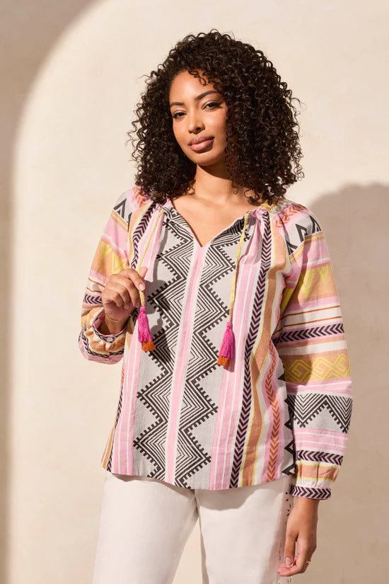 Elegant jacquard puff sleeve blouse