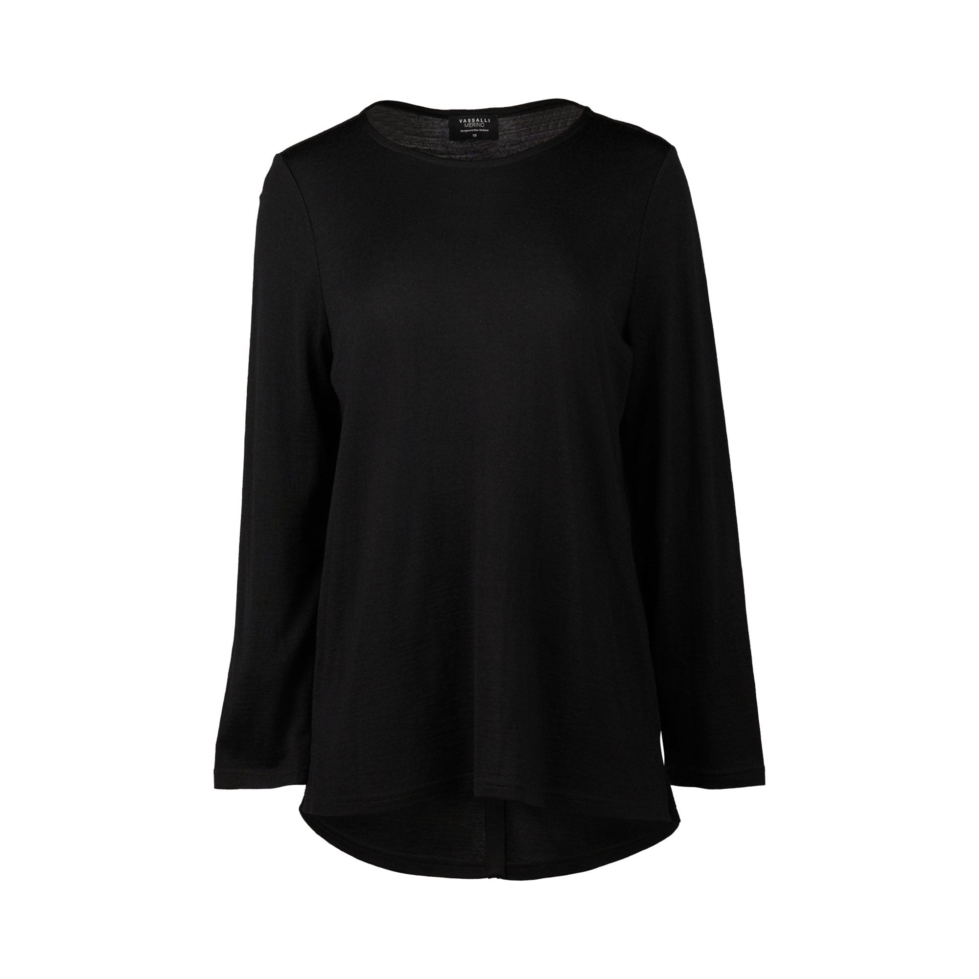Front view of black merino long sleeve women’s top