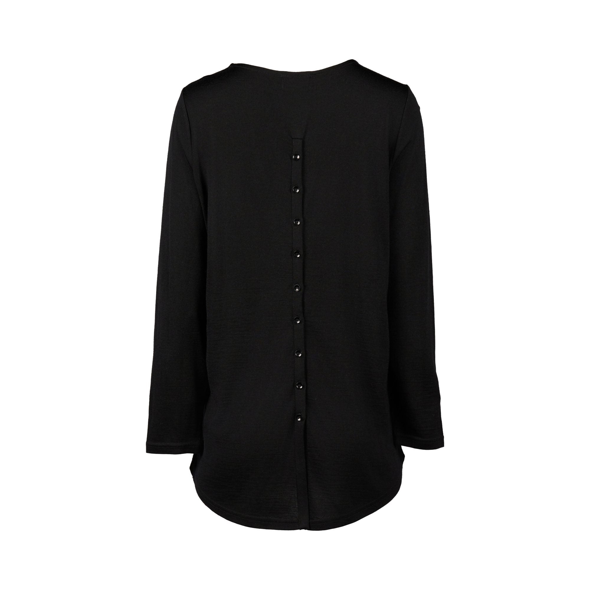 Black merino long sleeve top with back button detail