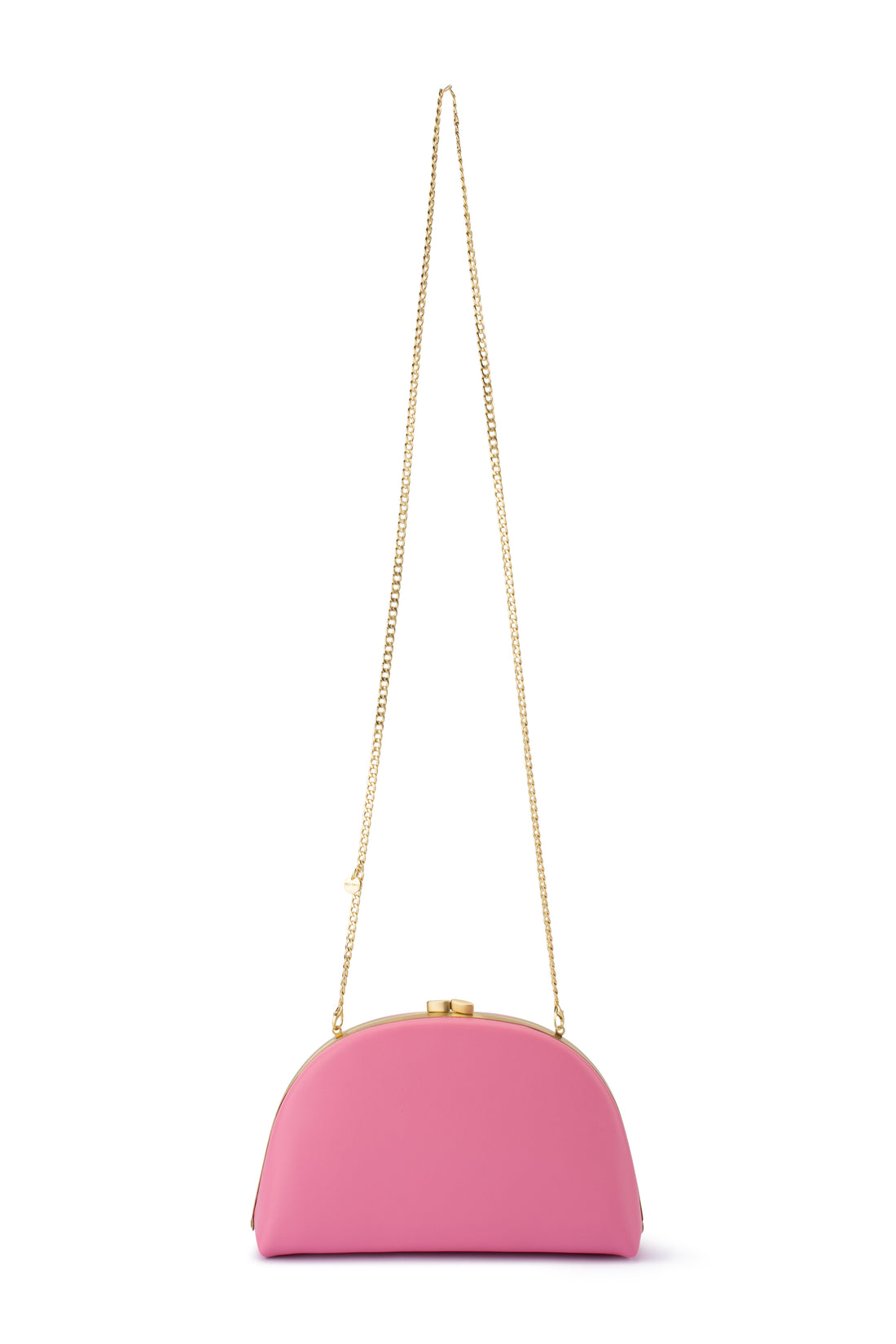 Pink half-moon clutch bag with gold frame.
