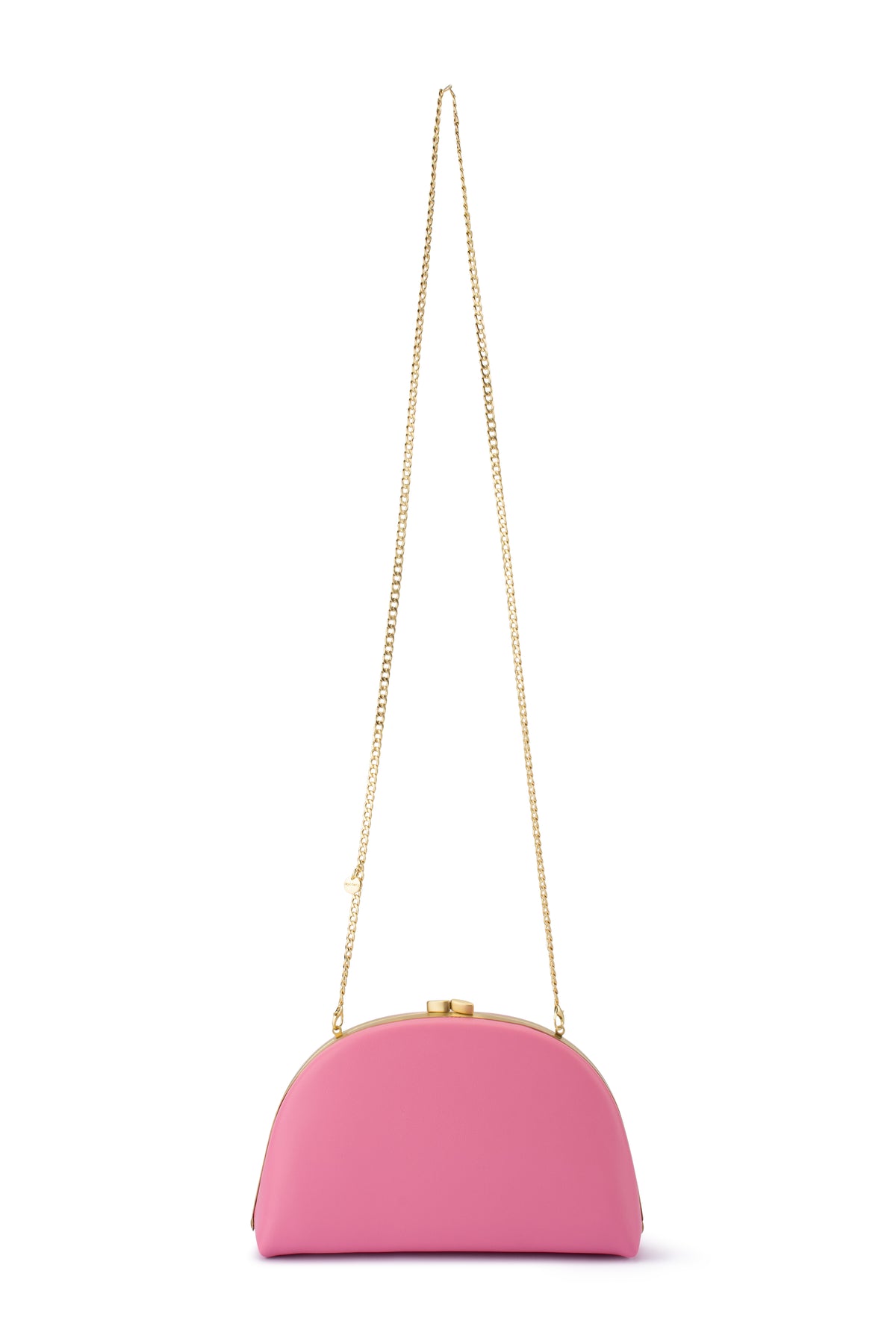 Pink half-moon clutch with gold chain strap.