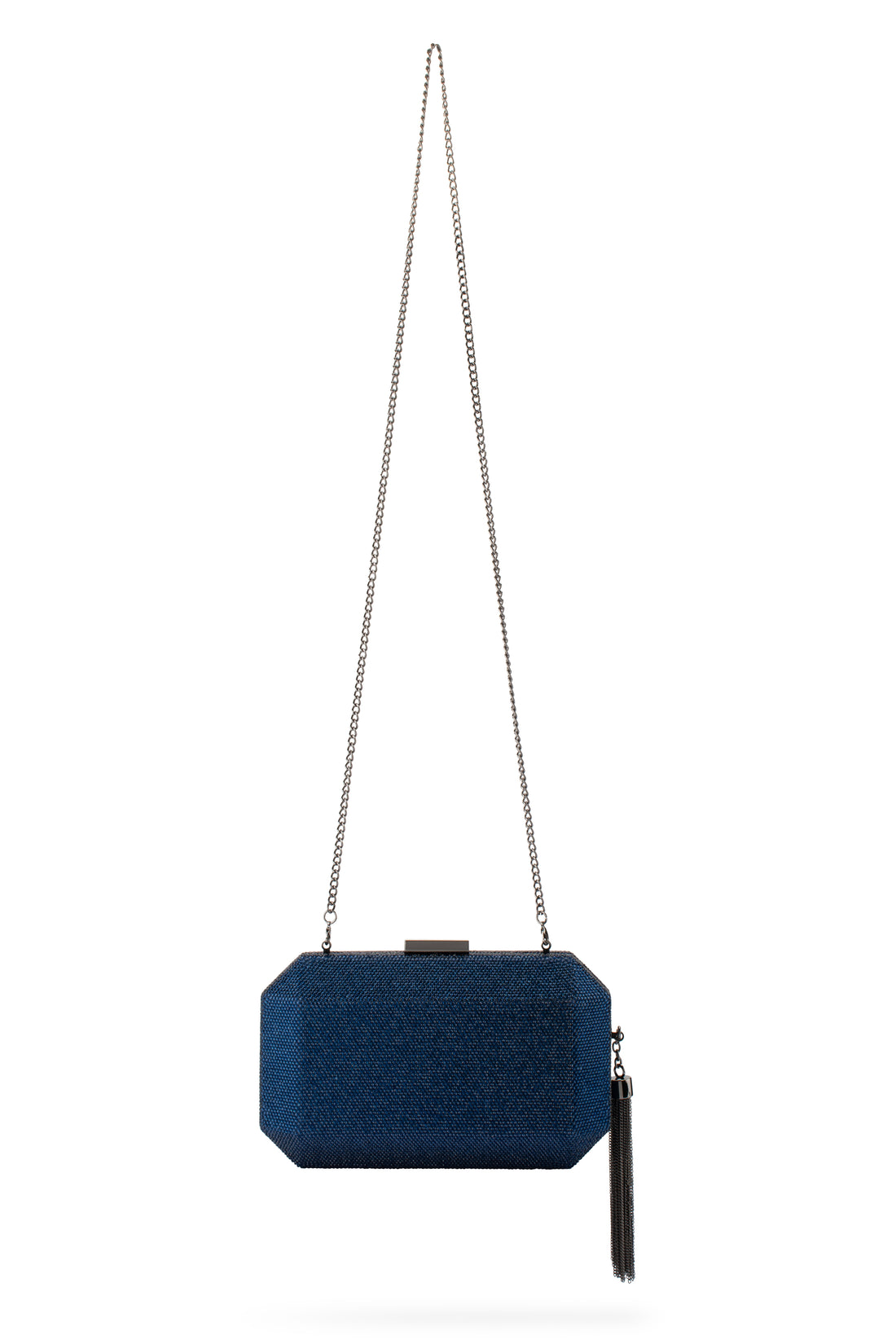Navy blue textured clutch bag with tassel detail.