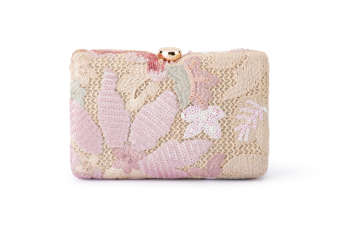 Blush pink floral sequin clutch with chunky chain handle.
