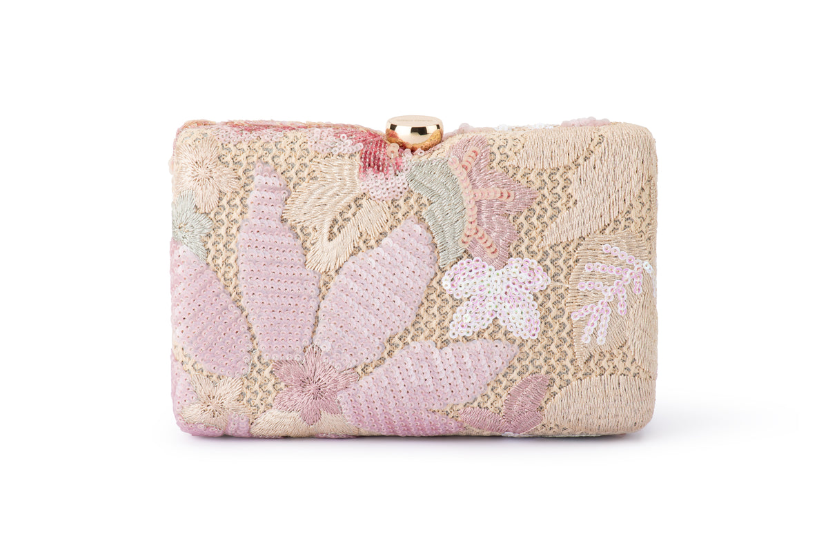 Blush Pink Floral Sequin Clutch Bag with Chunky Chain Handle