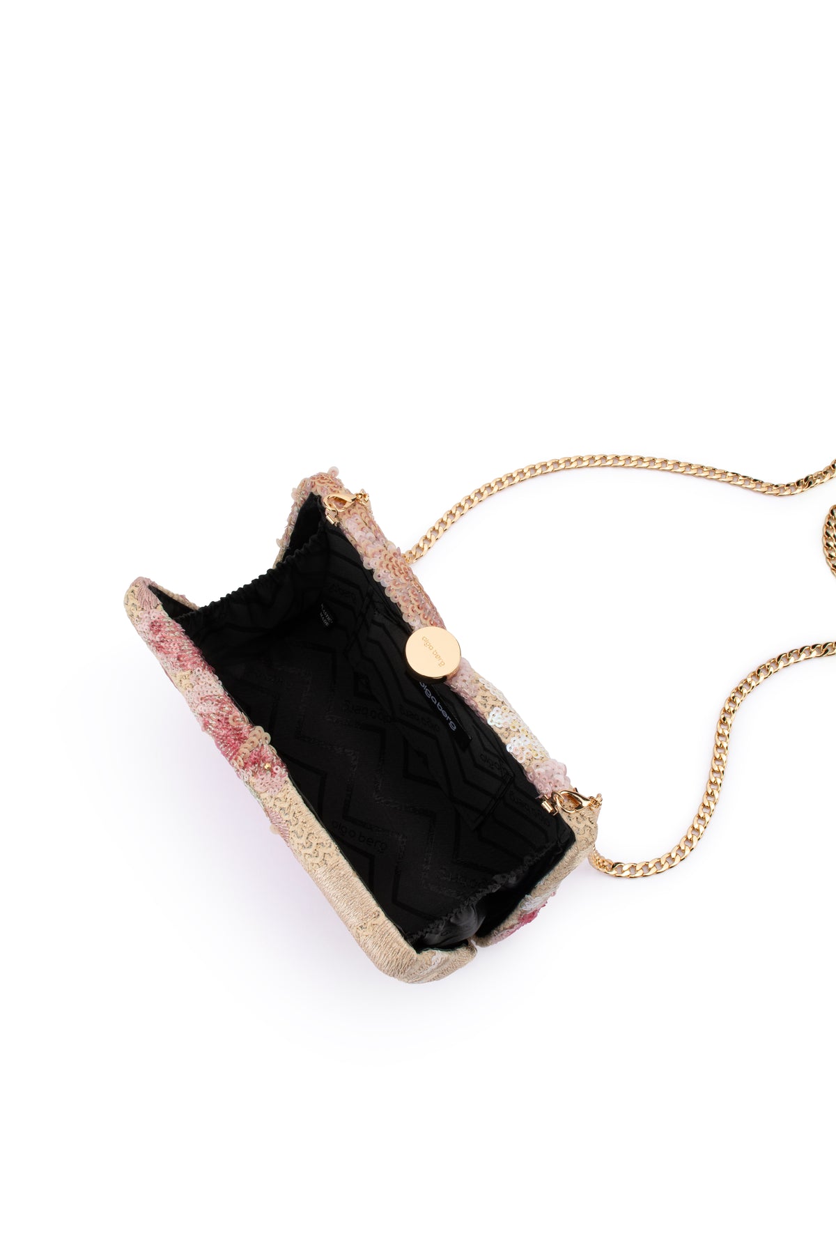 Blush Pink Floral Sequin Clutch Bag with Chunky Chain Handle