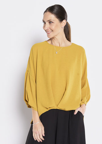 Gold pleated tunic 3/4 sleeve hammered crepe women top
