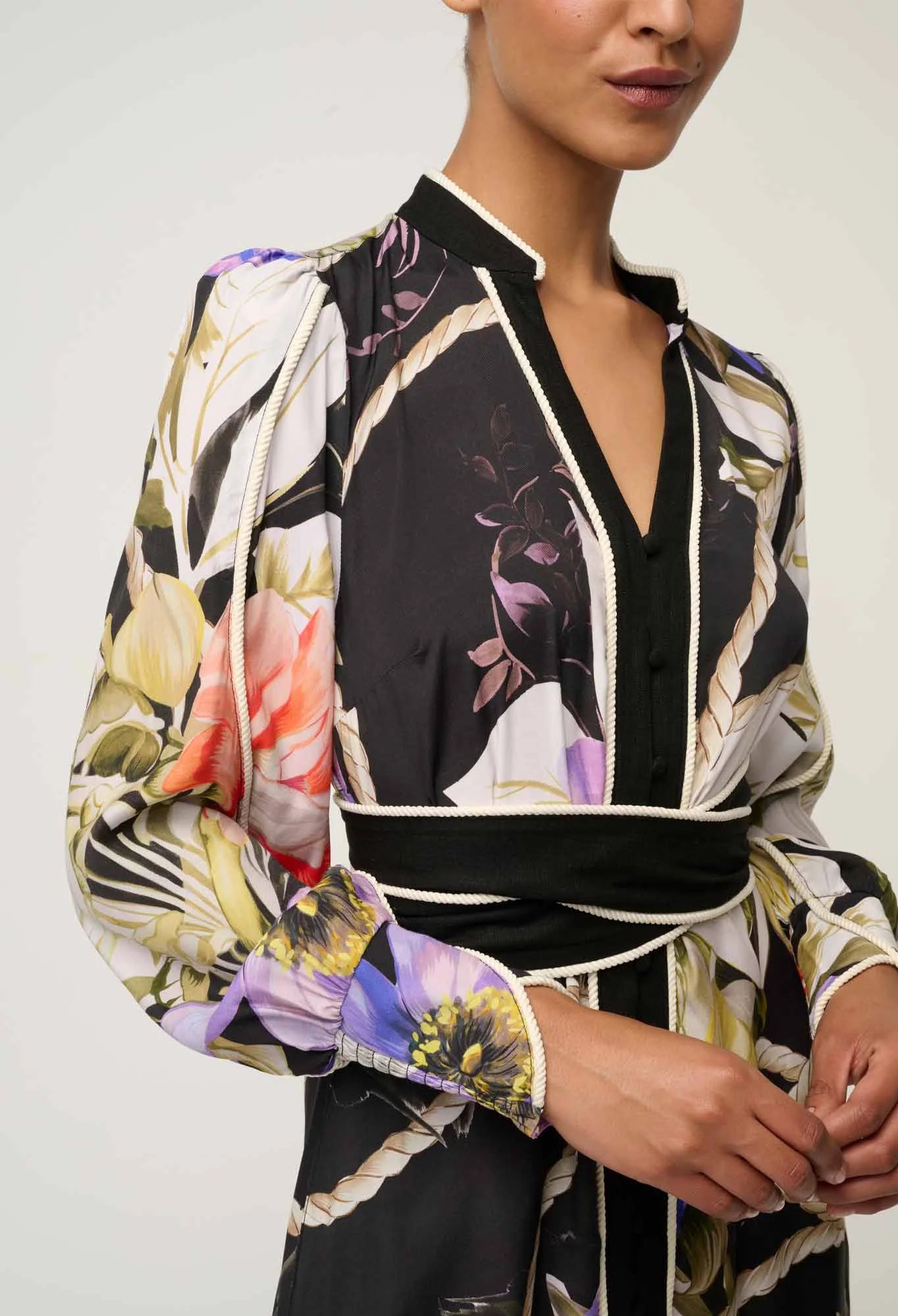 close up floral midi dress tangled blossom print waist detail Showies Boutique Australia