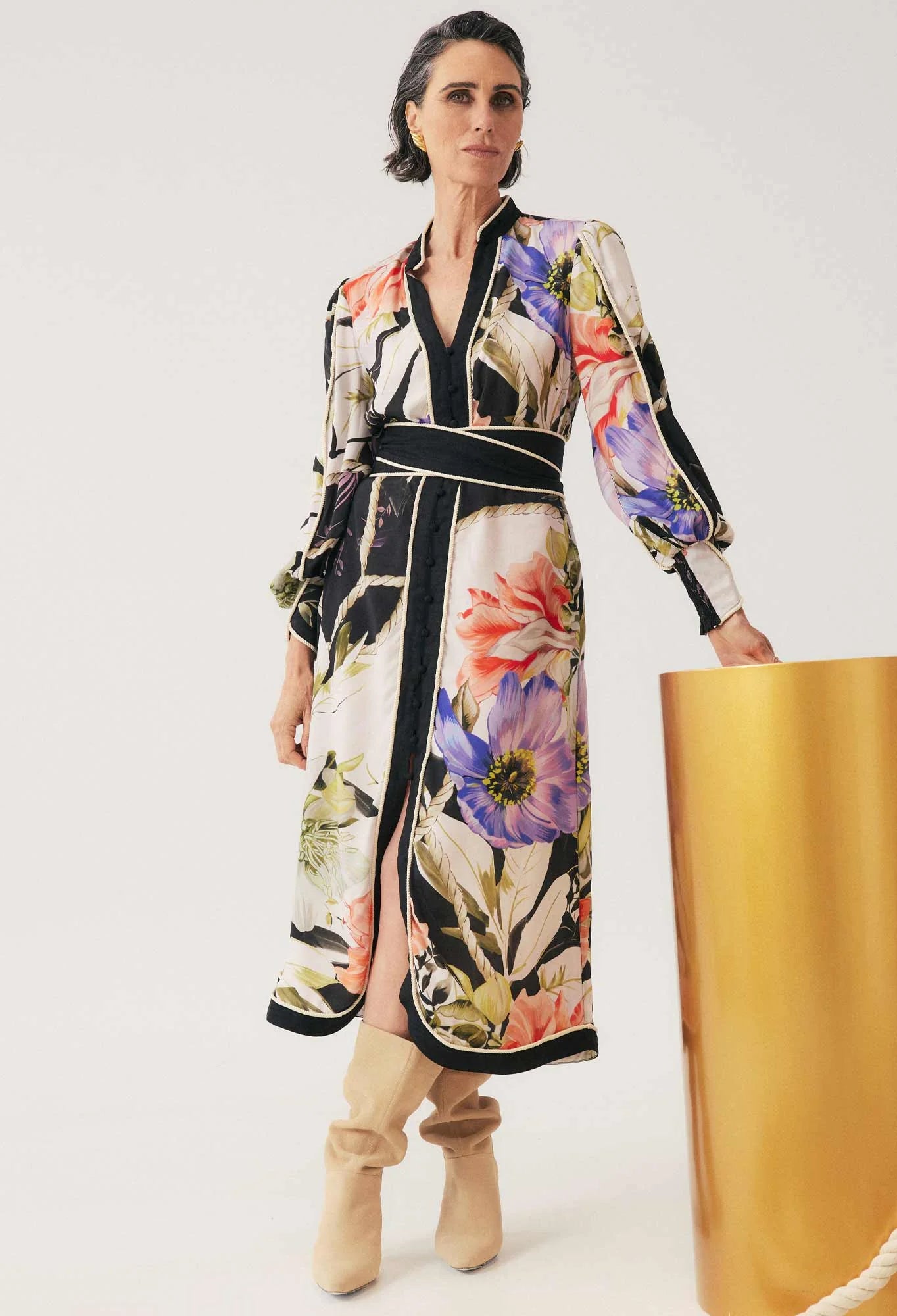 woman wearing floral midi dress tangled blossom print Showies Boutique Australia