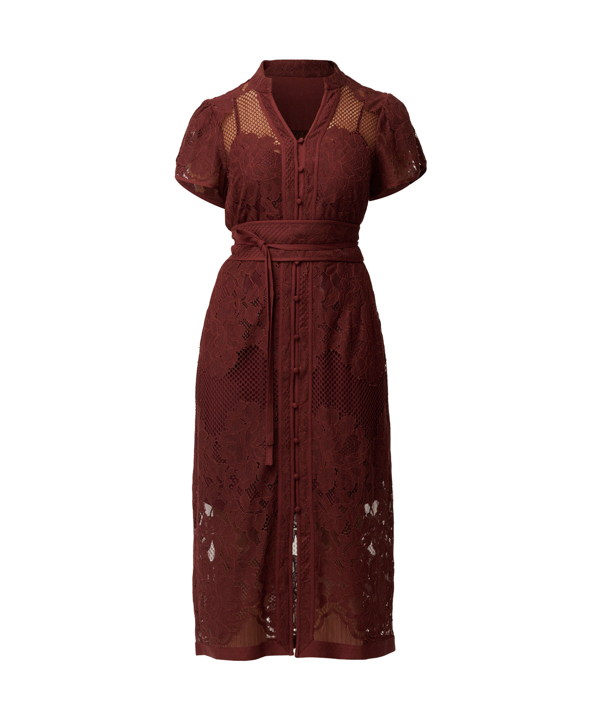 Burgundy floral lace midi dress with short sleeves, V-neckline, button-front detail, and tie waist.