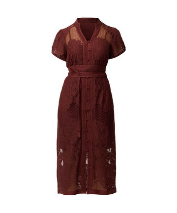 Burgundy floral lace midi dress with short sleeves, V-neckline, button-front detail, and tie waist.