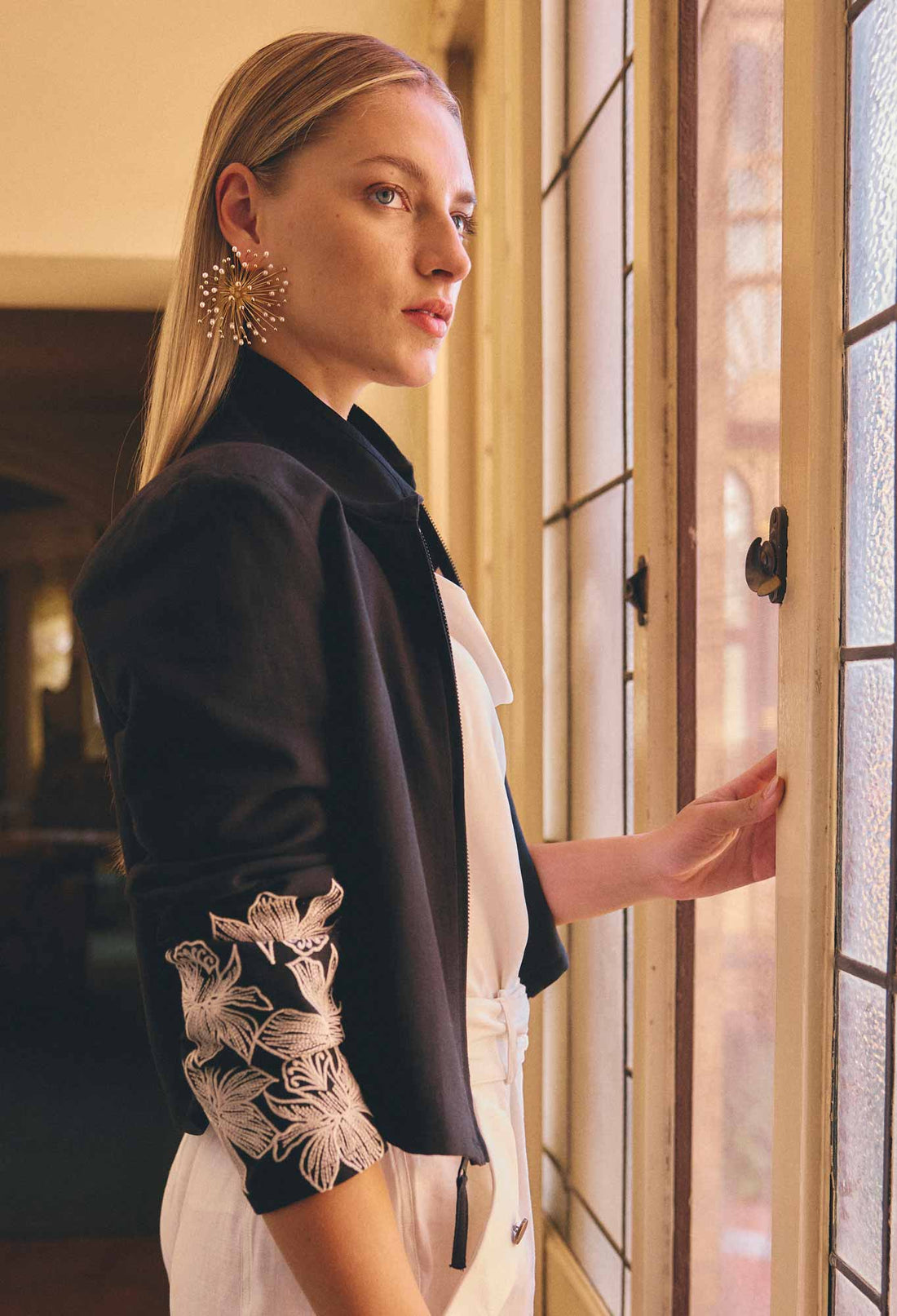 Black Floral Embroidered Cropped Jacket