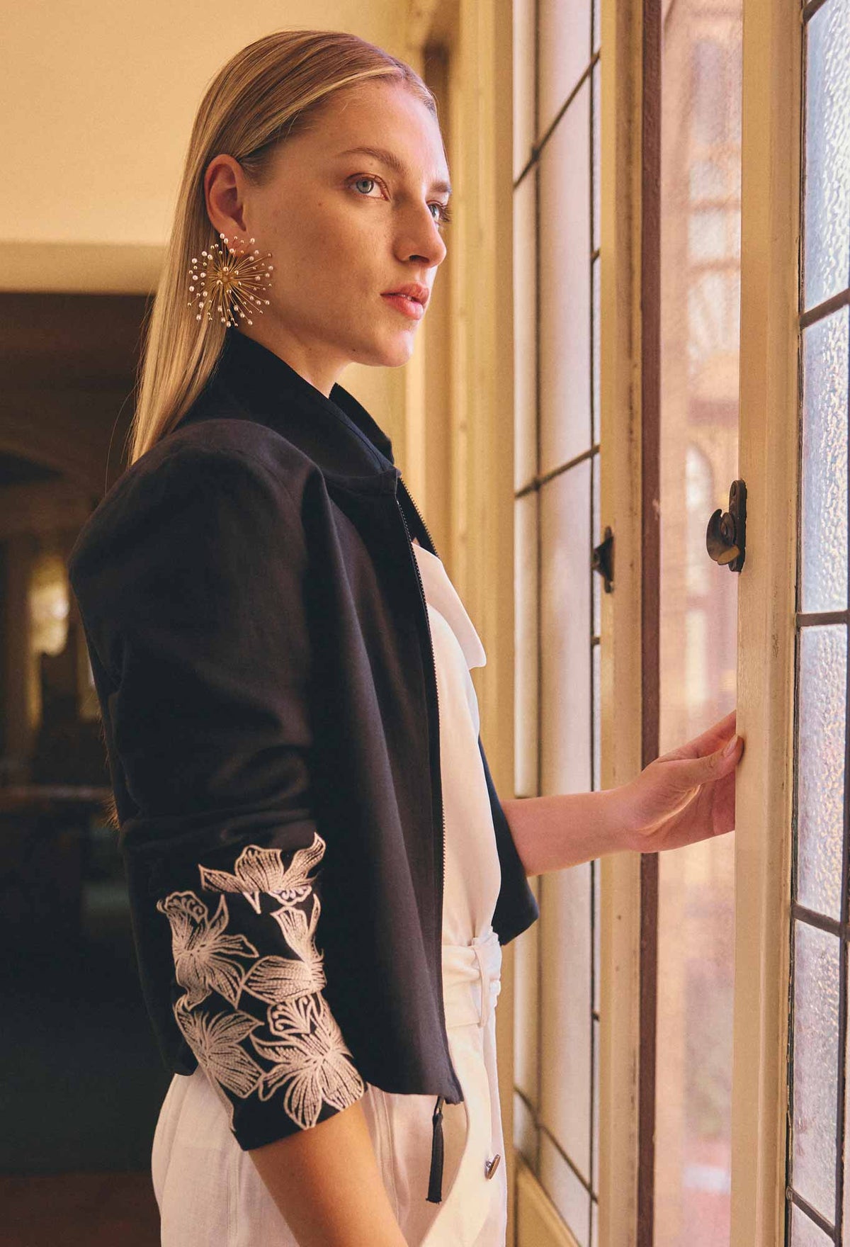 Black Floral Embroidered Cropped Jacket