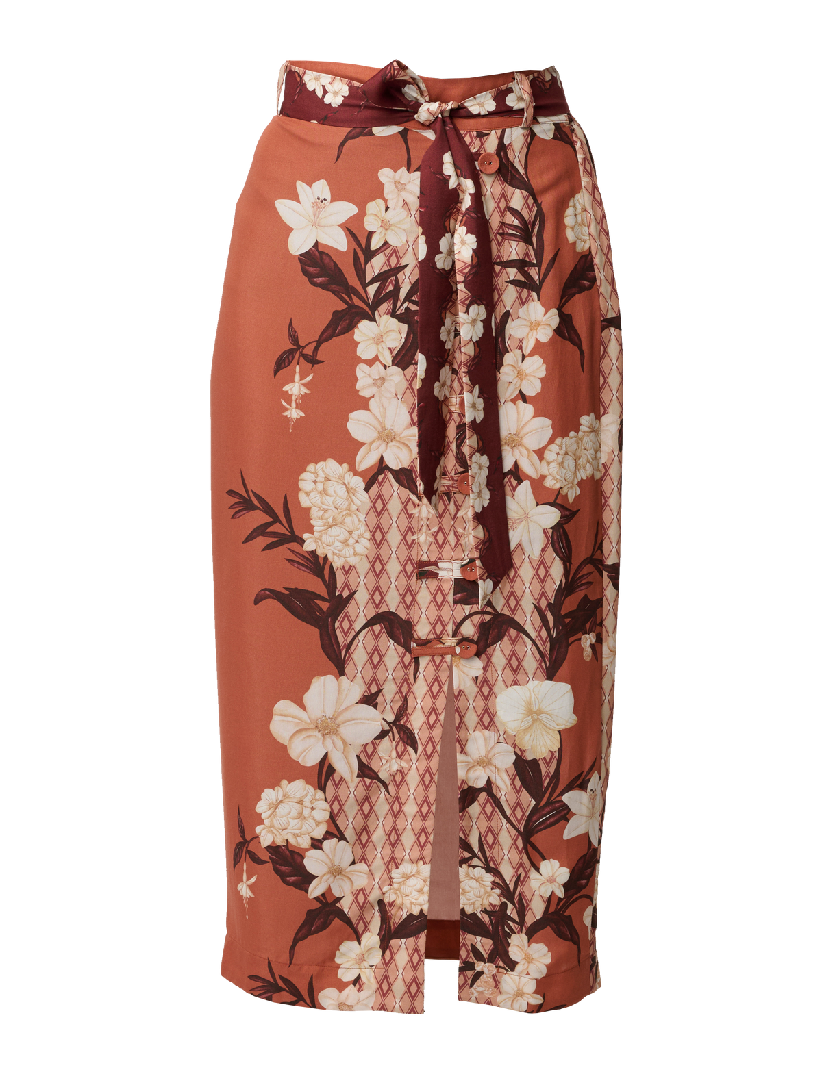 Terracotta Floral Print Midi Skirt