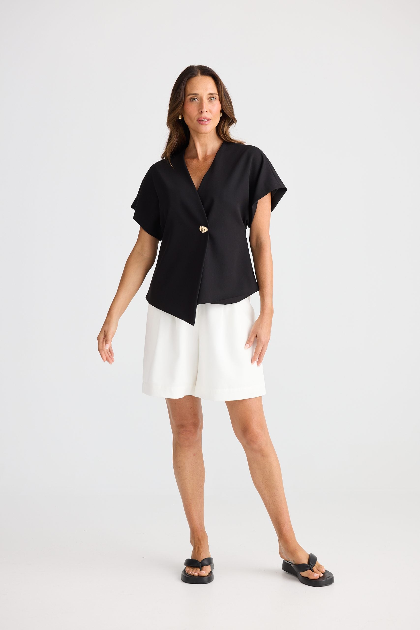 Asymmetrical origami V-neck draped top