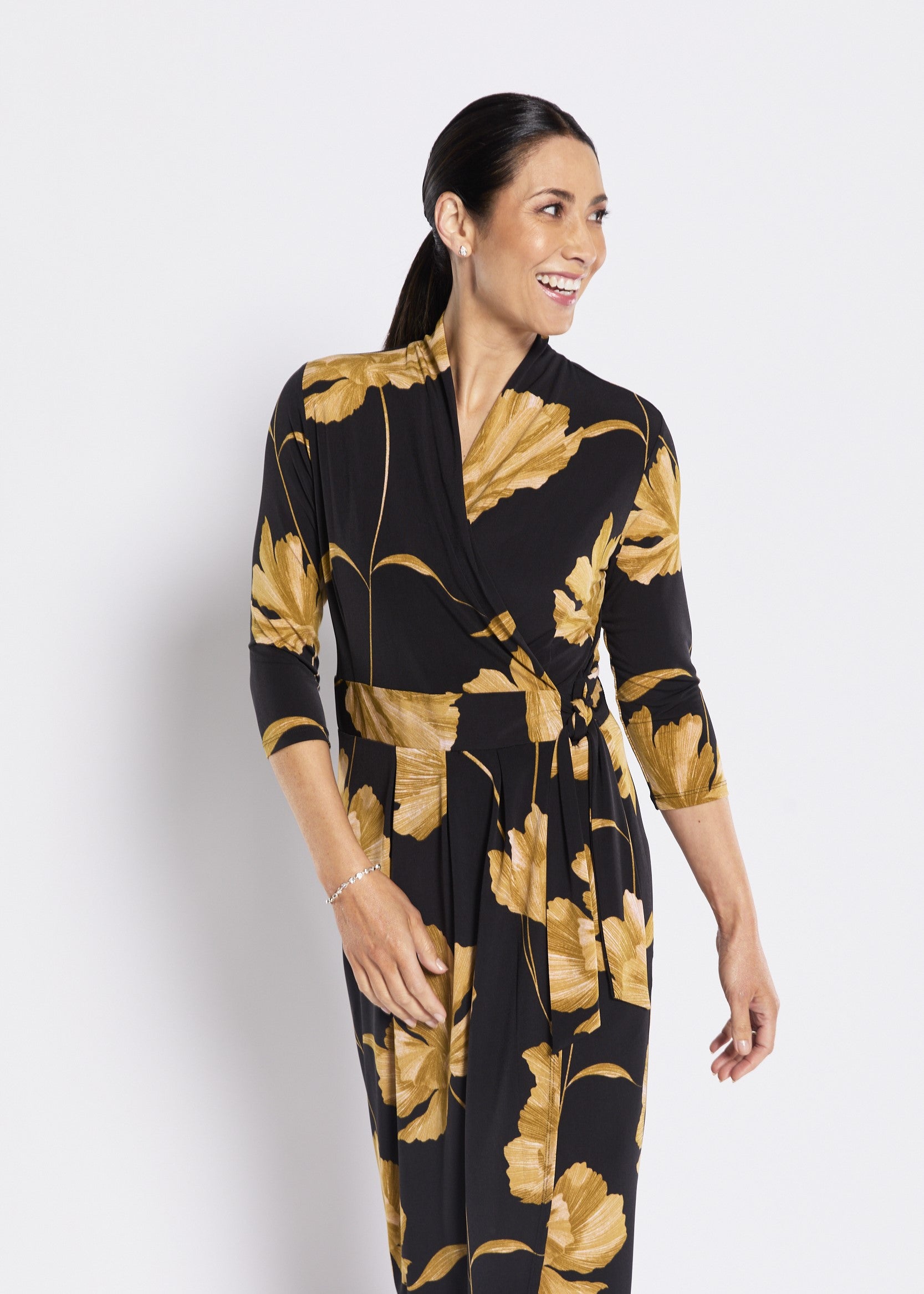 Philosophy FINESSE Greta Wrap Dress | Black Gold Floral Wrap Dress  Australia | Showies Boutique  Showies Boutique Adelaide