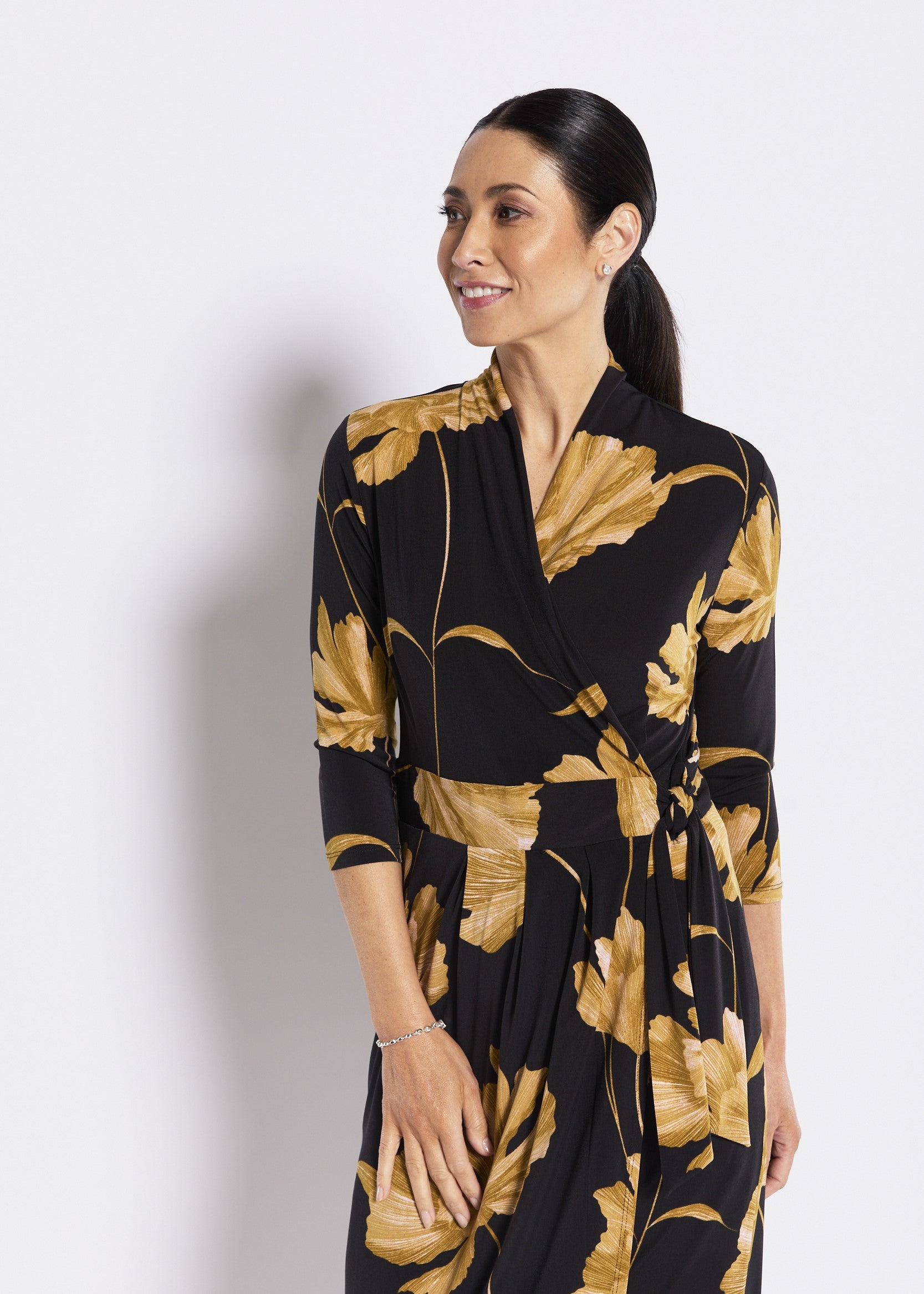 Philosophy FINESSE Greta Wrap Dress | Black Gold Floral Wrap Dress  Australia