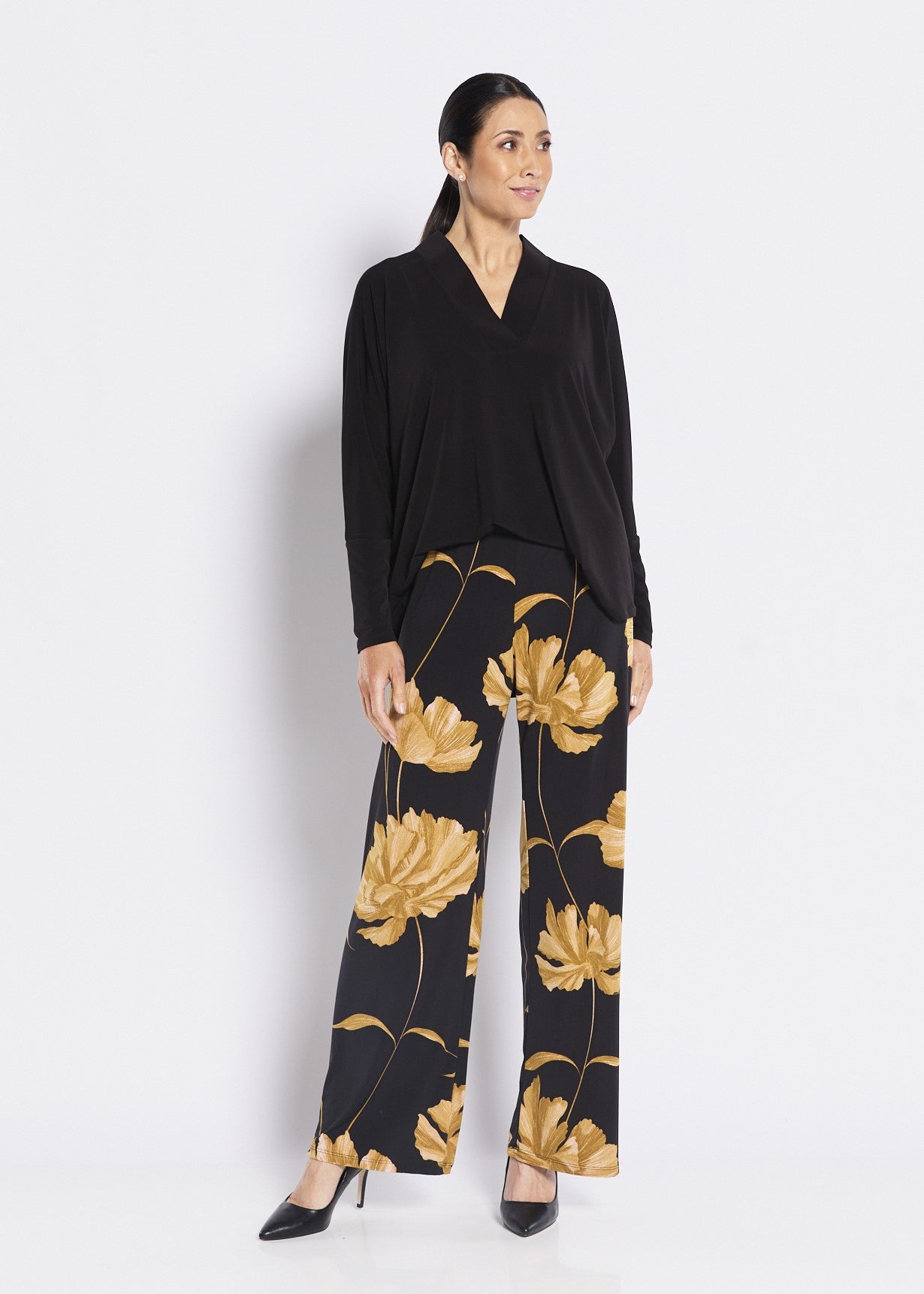 Black gold wide leg pants polaz print women trousers