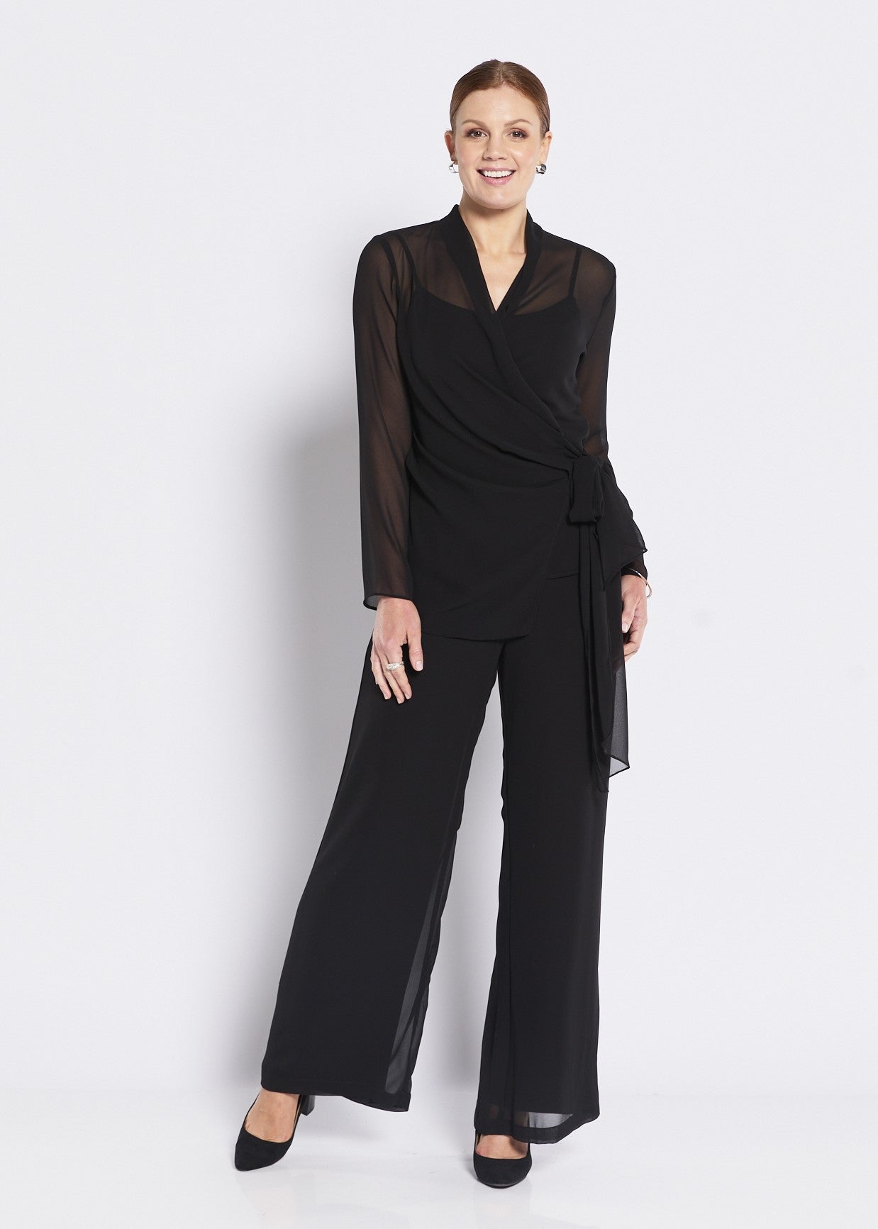Roma chiffon black wide leg pants sheer layered style