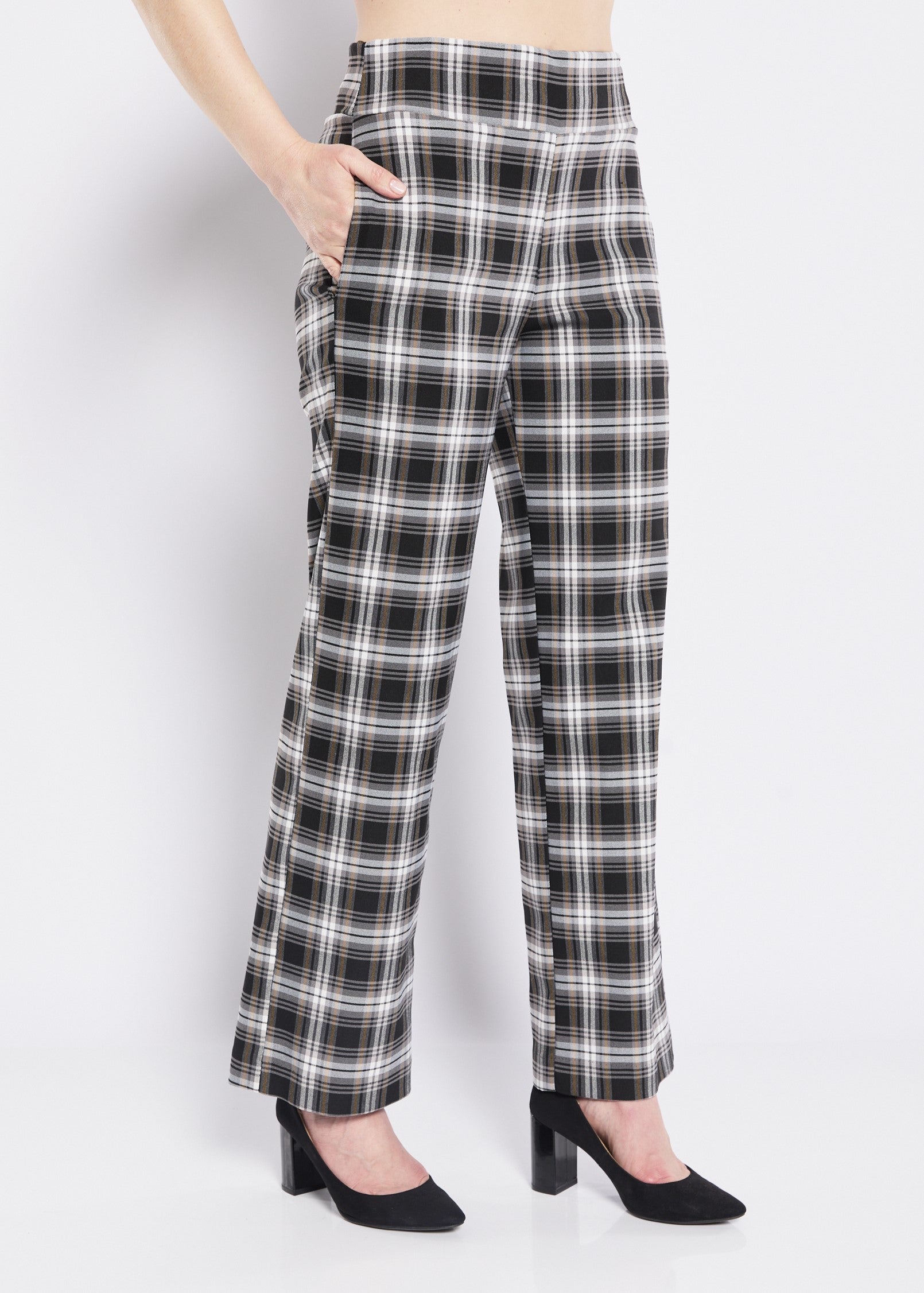 Women check bengaline pants wide leg stretch pull-on style