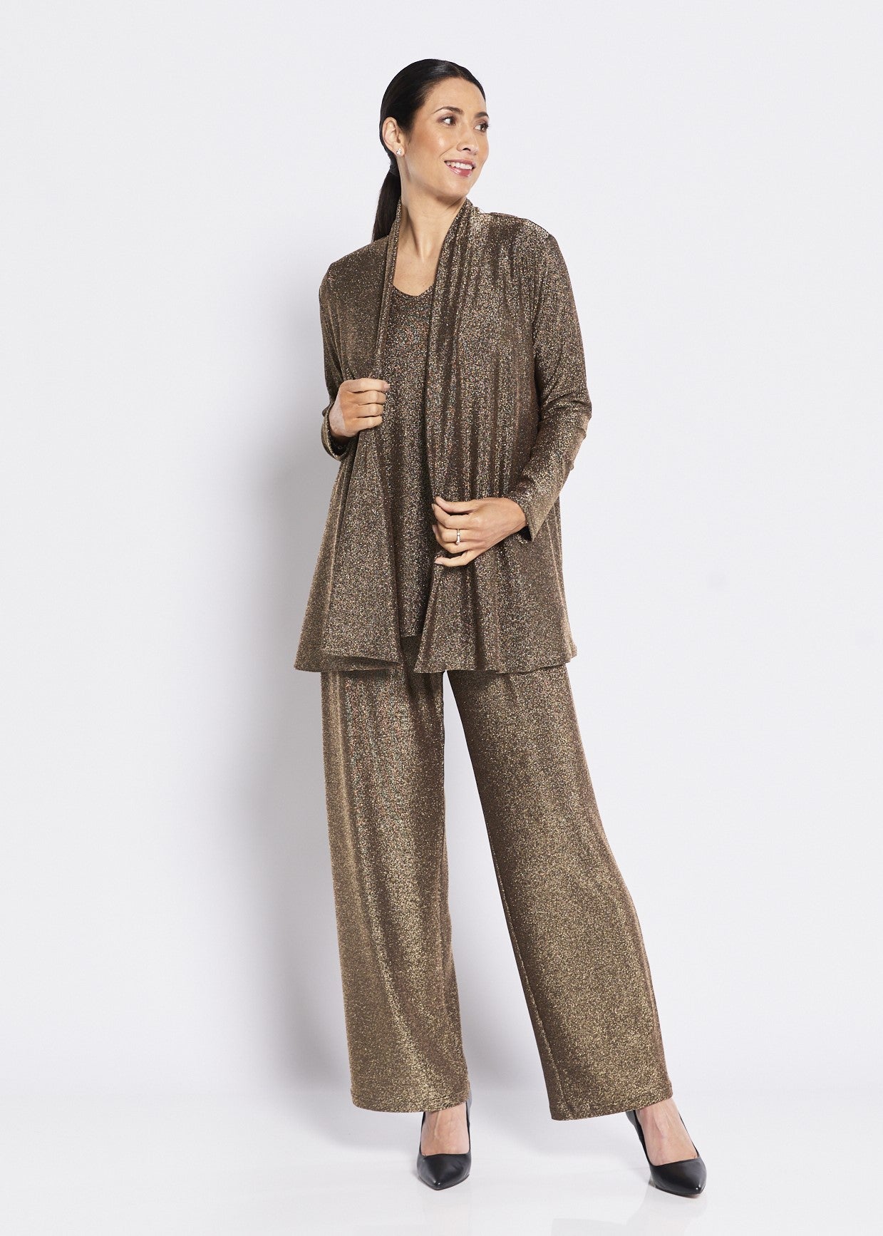 Women’s sparkle gold outfit set with wide leg pants and cardigan.