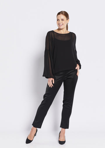 woman wearing black sateen pants tailored satin finish trousers Showies Boutique Australia