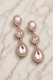 Rose Pink Crystal Drop Earrings with Halo Detailing | Elegant Pink Statement Earrings