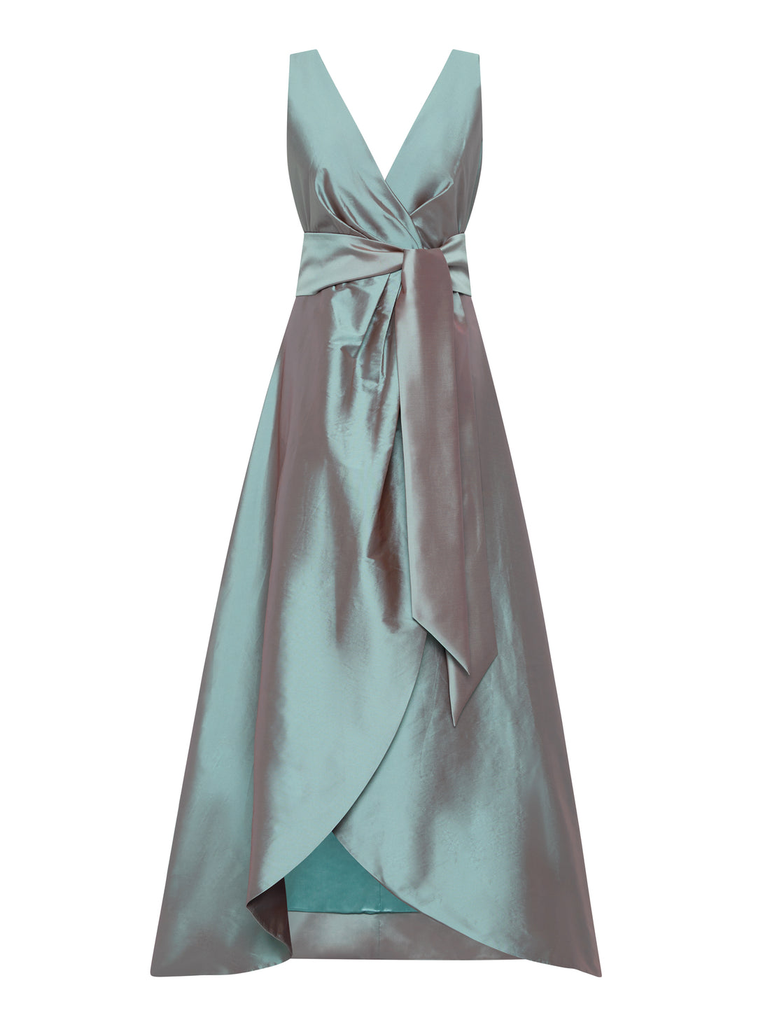Mint satin wrap gown with deep V-neckline and waist tie.