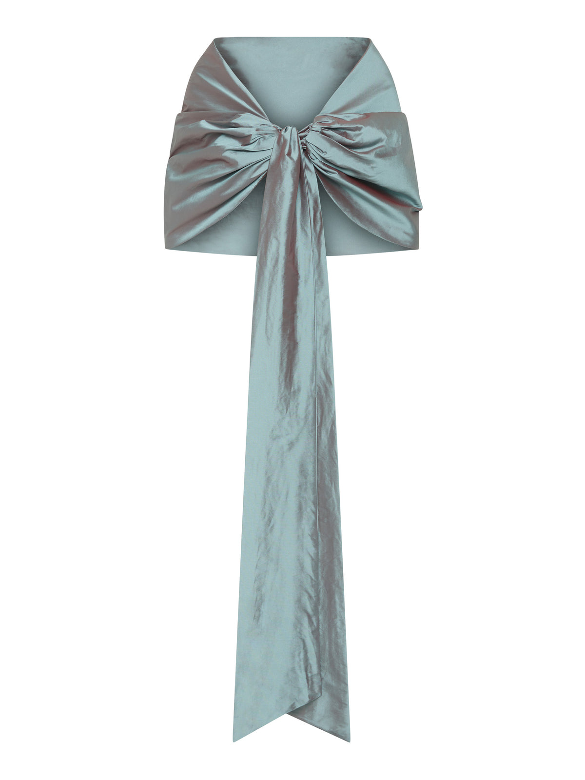 Mint satin wrap with gathered detailing and long flowing tie ends.