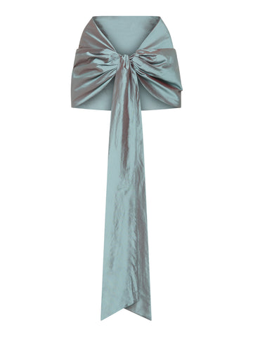 Mint satin wrap with gathered detailing and long flowing tie ends.