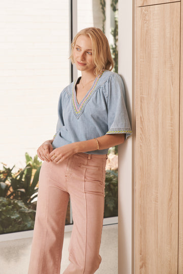 Light Blue Embroidered V-Neck Top