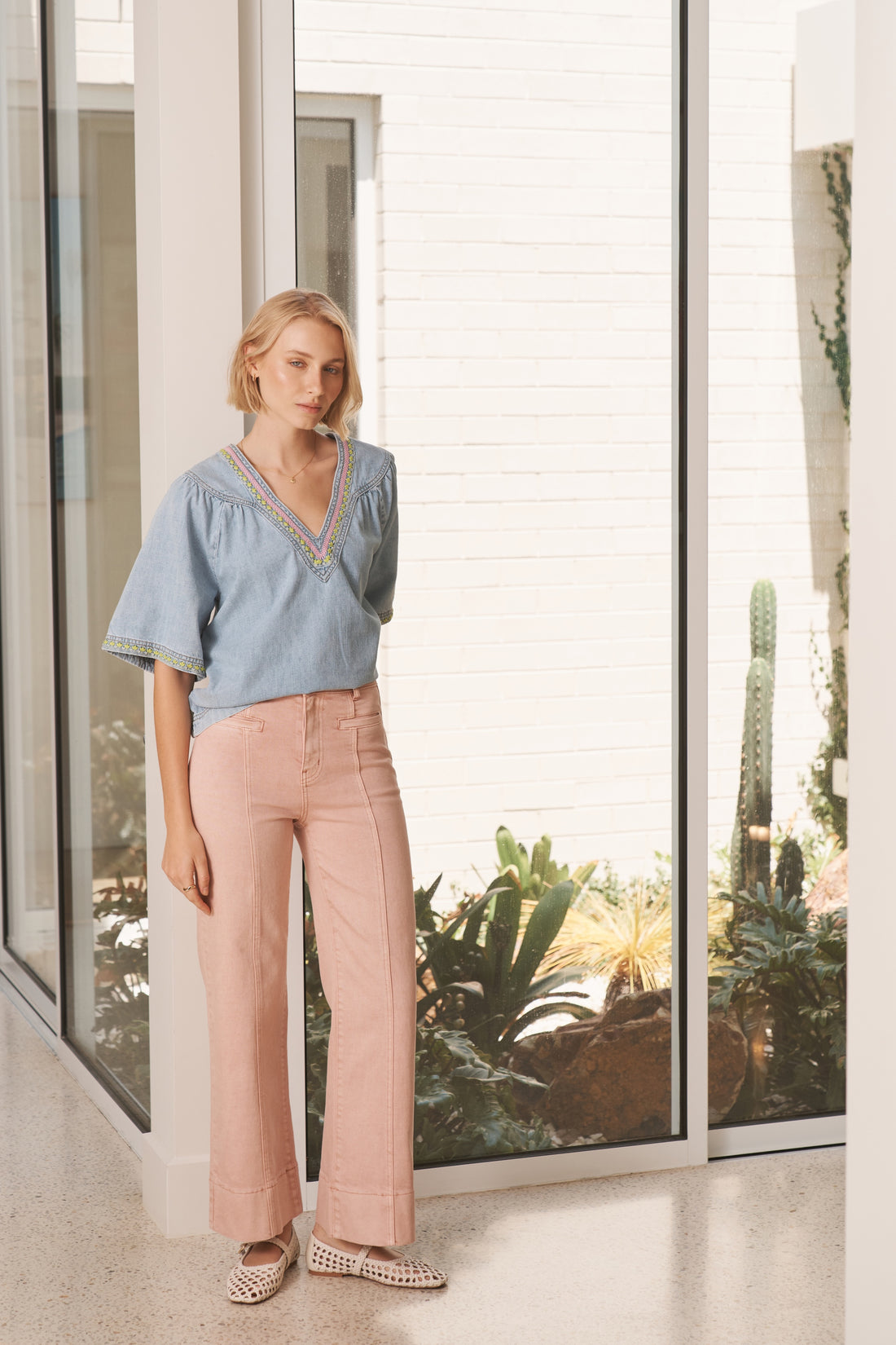 Light Blue Embroidered V-Neck Top