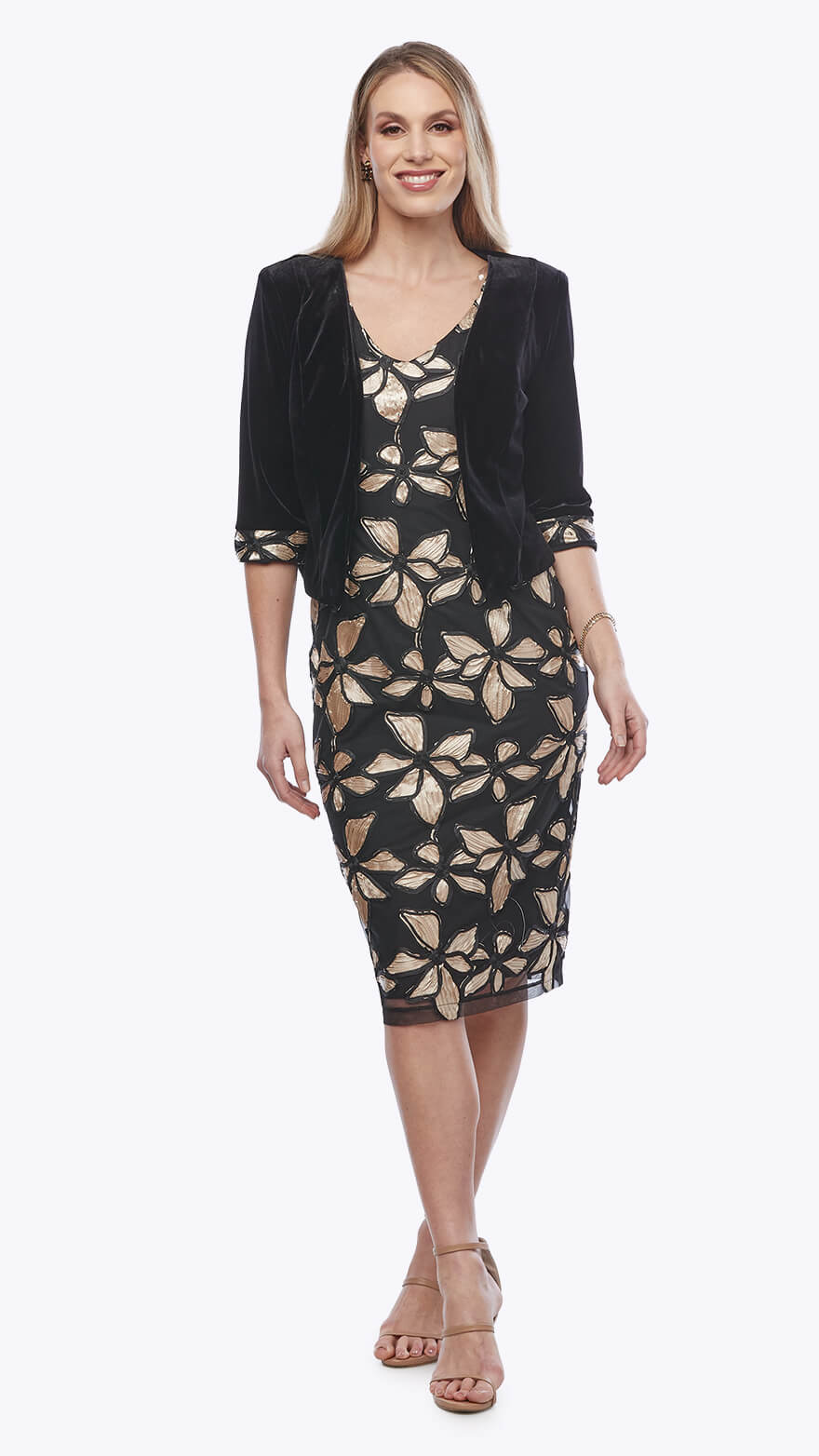 Embroidered dress with velvet cropped jacket set