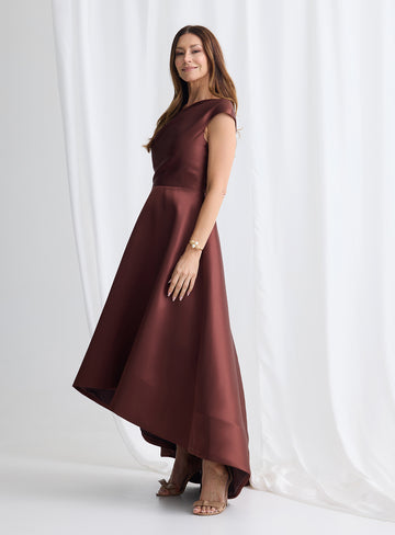 Chocolate hi lo V back dress cap sleeve Australia