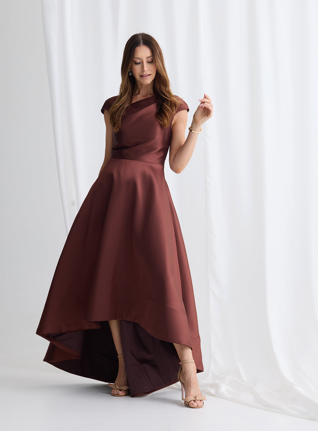 Rosanella Hi Lo V Back Dress Chocolate | Cap Sleeve Formal Evening Dress Australia