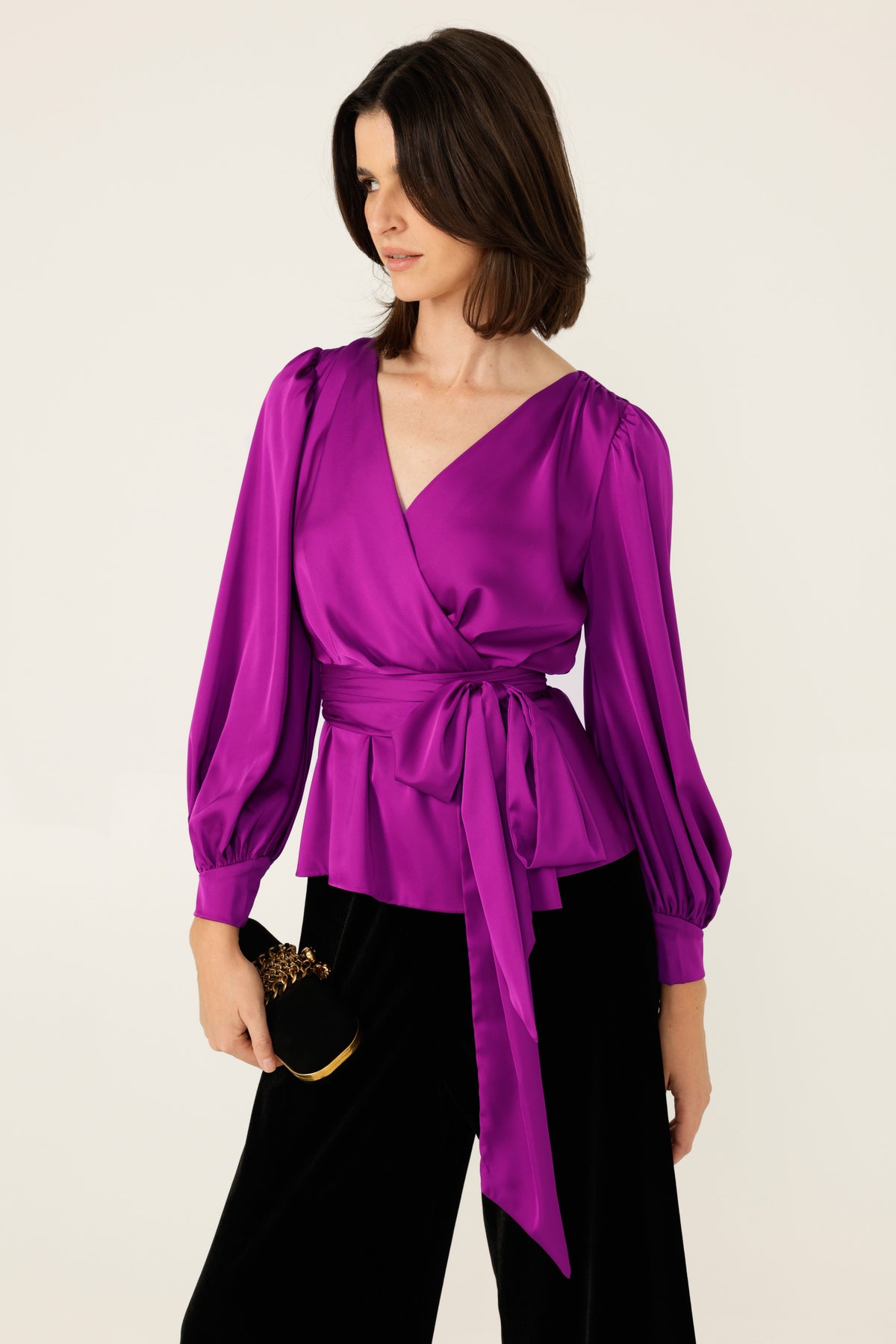 Satin Faux Wrap Top In Magenta by Sacha Drake - image 3
