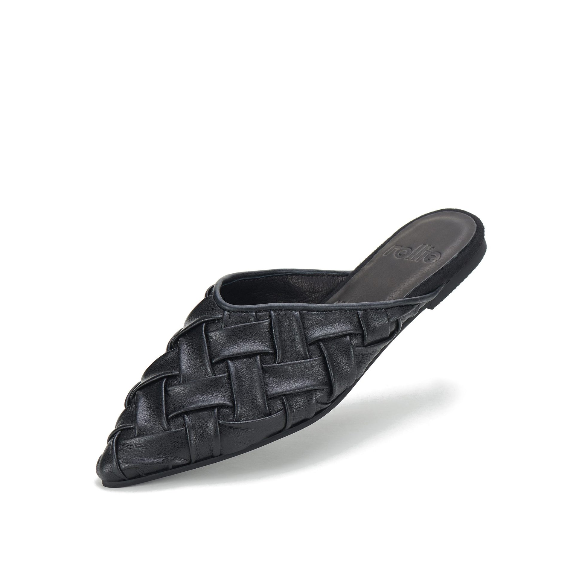 Black woven pointed toe mule sandal close-up