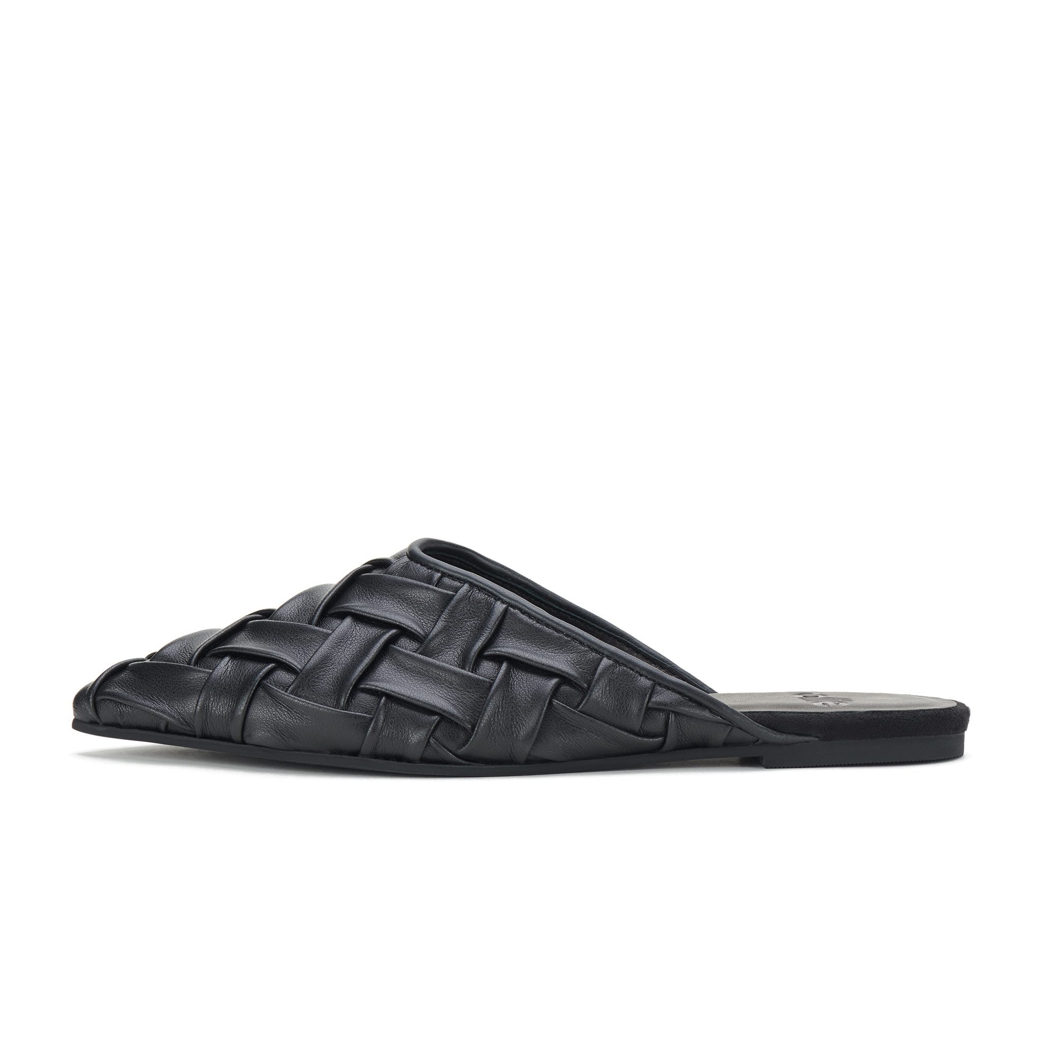 Side view of black pointed woven slide sandals