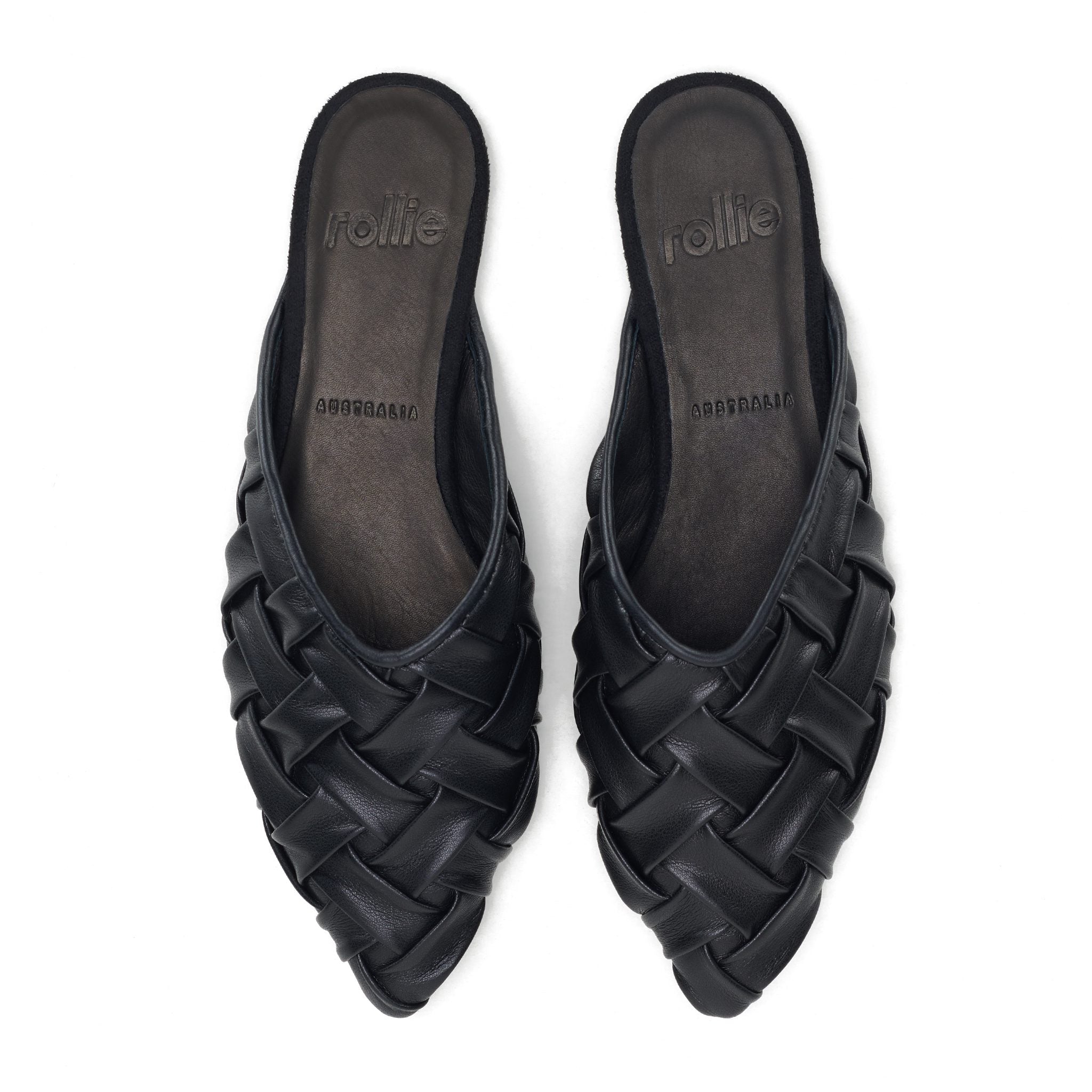 Top view of black woven leather mule sandals
