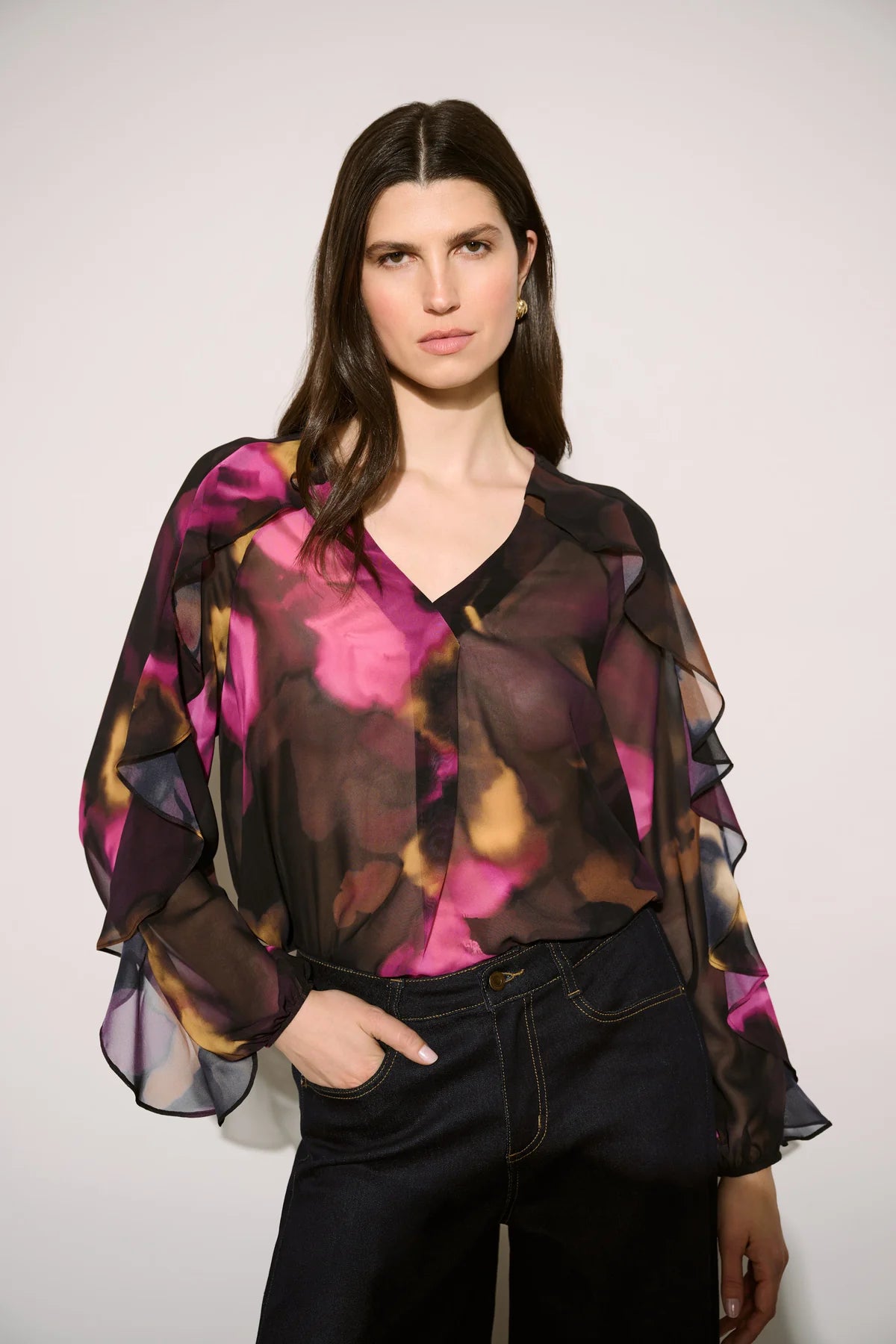 Black & Fuchsia Abstract Print Ruffle Sleeve Top
