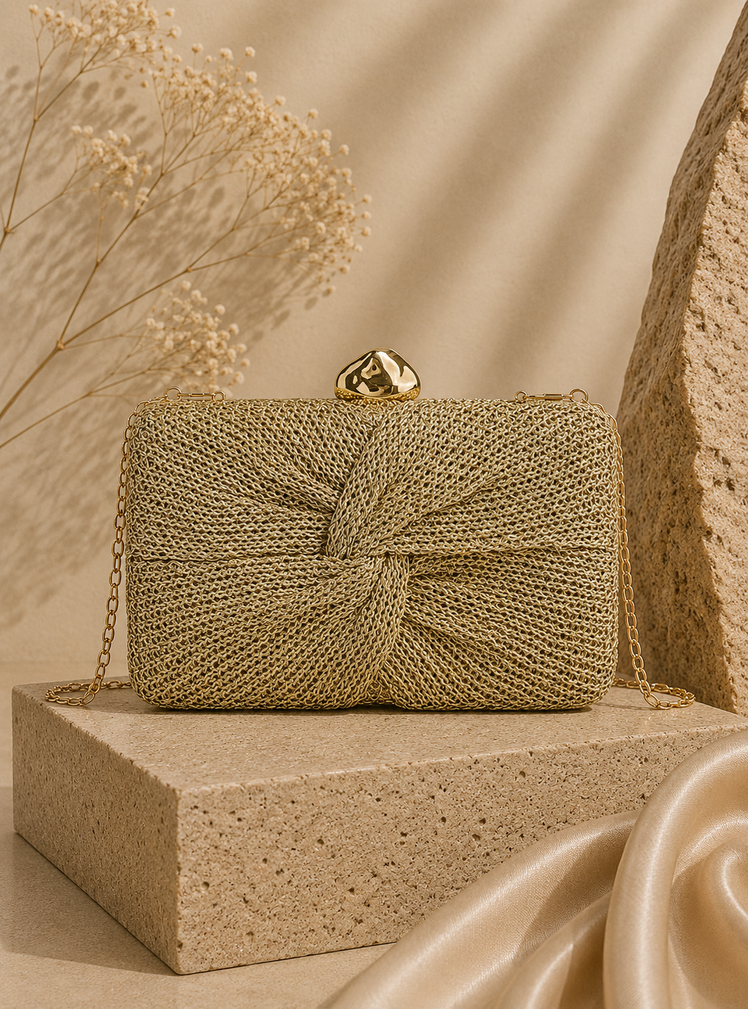 Luxury Gold Knotted Weave Clutch Bag with Chain Strap | Elegant Gold Clutch Bag Australia