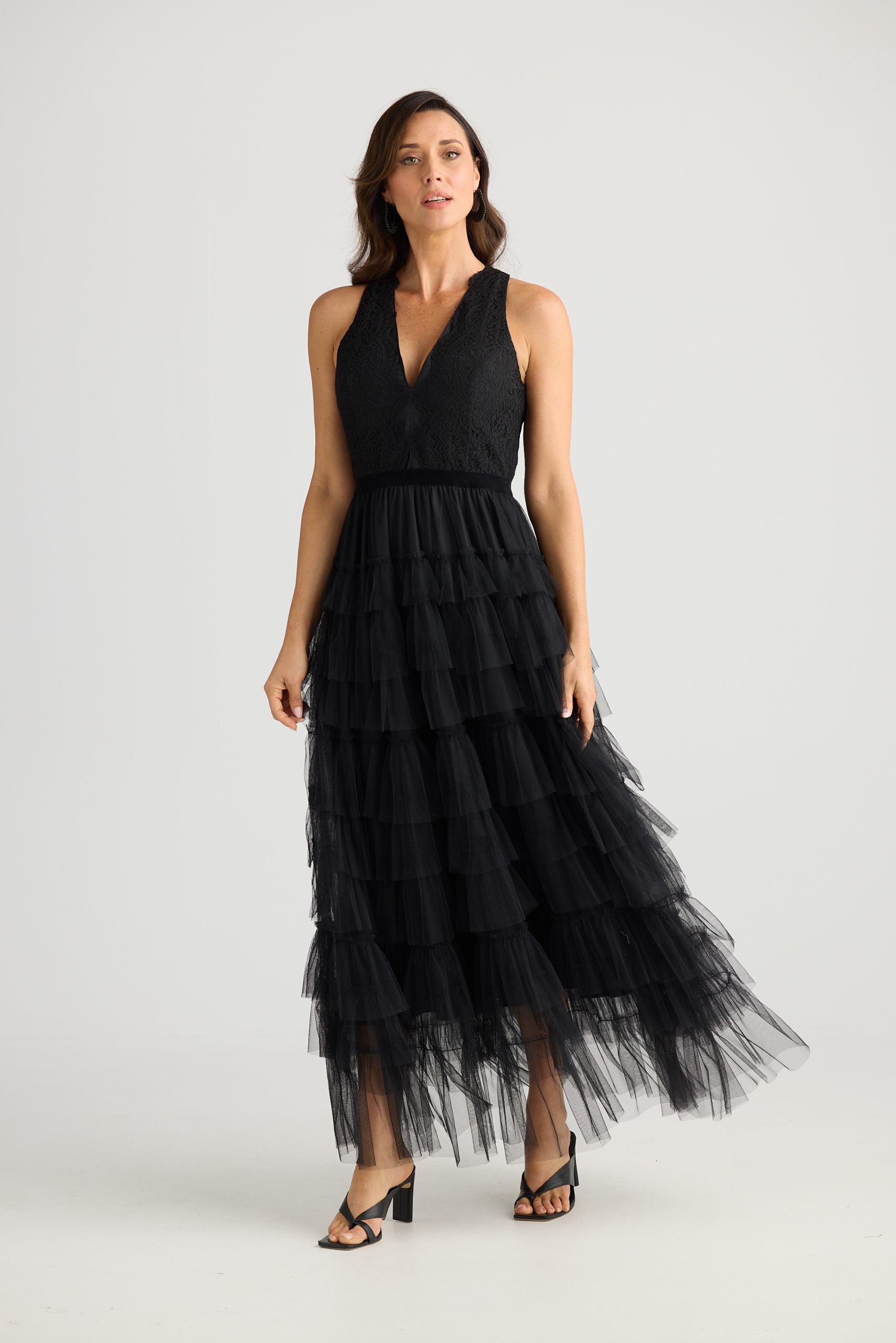 Elegant tulle tiered maxi dress