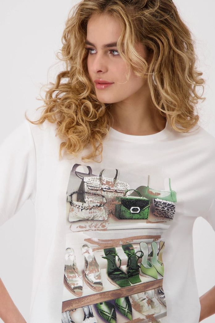 T-Shirt with Shoe and Bag Print | Rhinestone Graphic Tee