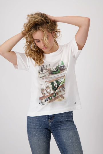 T-Shirt with Shoe and Bag Print | Rhinestone Graphic Tee