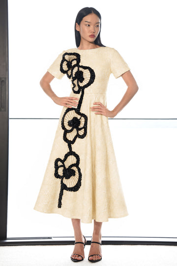 Ivory & Black Floral Appliqué Midi Dress