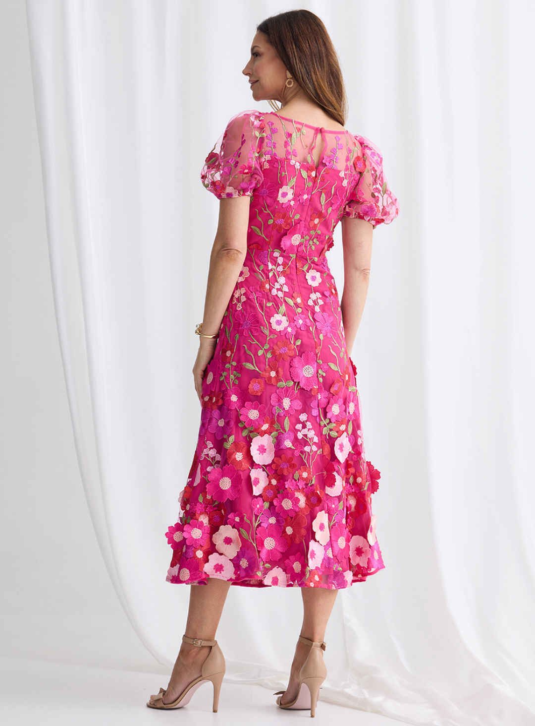 Back view of fuchsia floral embroidered midi dress with puff sleeves.