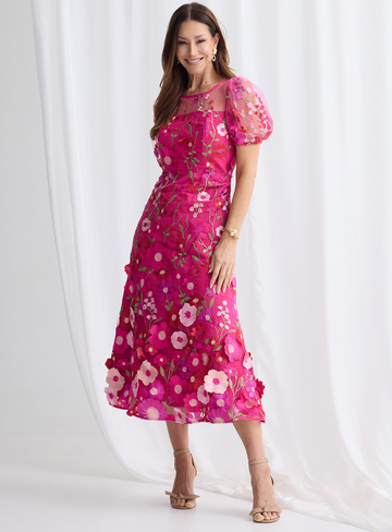 Fuchsia floral midi dress with 3D flower appliqué and puff sleeves.