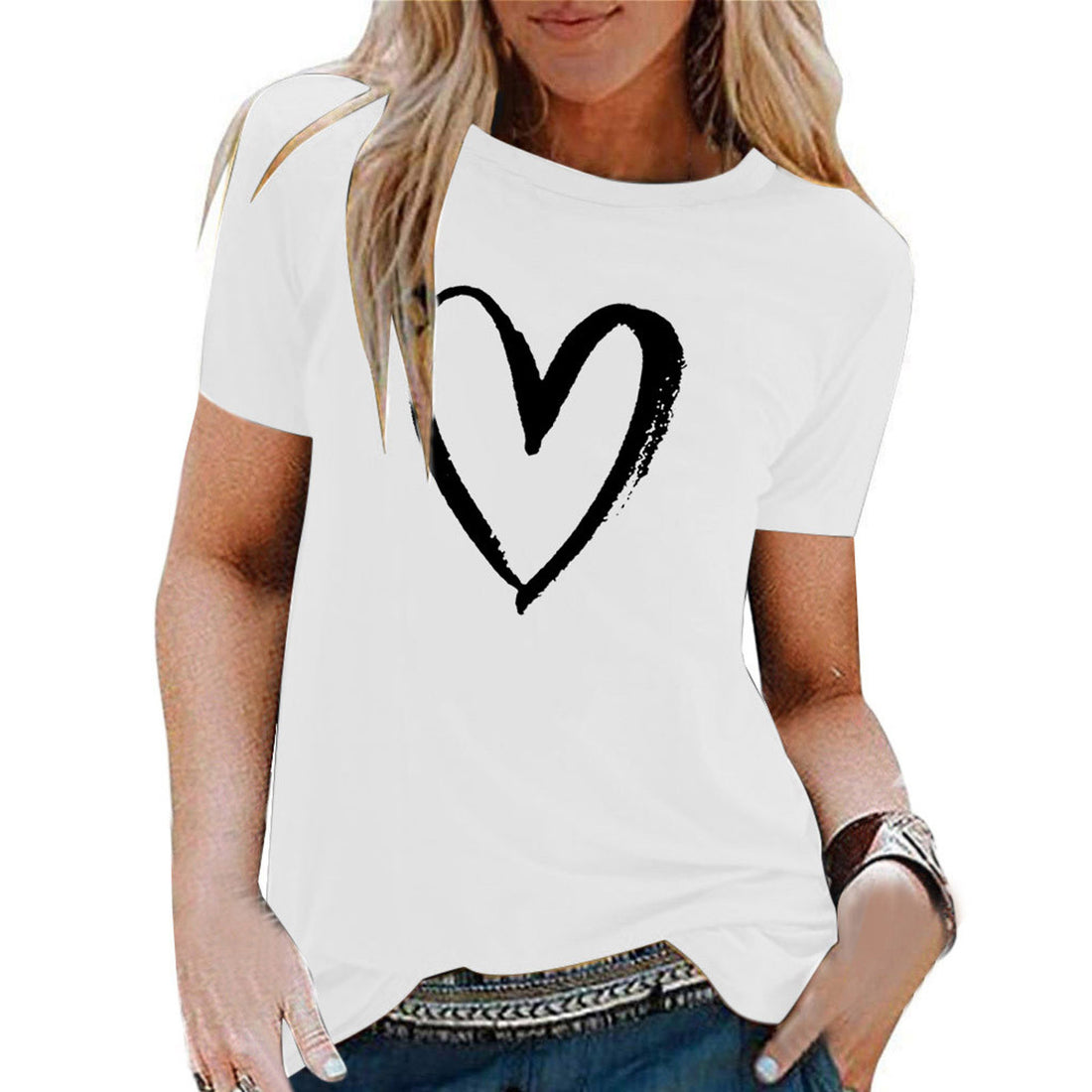 Love Heart Print V Neck Tee – Women’s Casual White T-Shirt